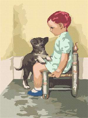 Sad child gets some sympathy from a canine friend.