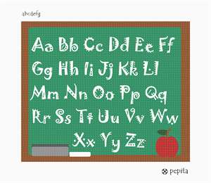 An alphabet needlepoint canvas perfect for a teacher. Stitch this as a gift for your favorite teacher. The eraser, chalk and apple rest on the bottom.