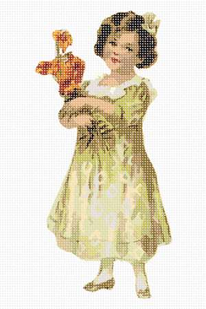 A girl smiling sweetly, holding a bunch of long-stemmed orange flowers.