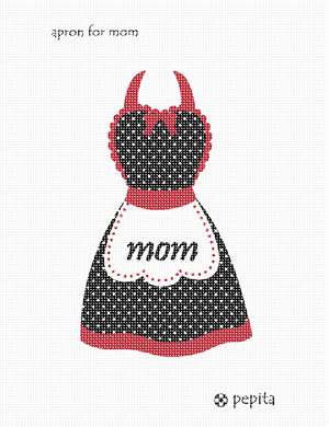 A black and white polka dot apron for mom with a red trim and bow. Stitch your appreciation for her.