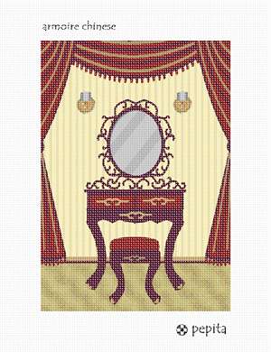 A dressing table with a mirror in Chinese red and gold tones.