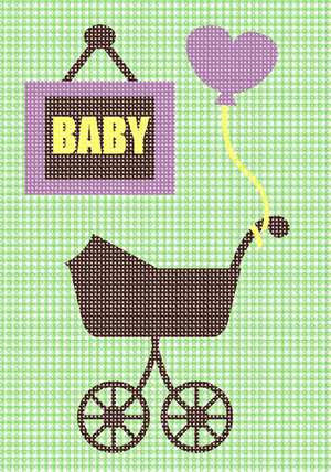 A unisex design to stitch for the baby's room. A heart shaped balloon is tied to the handle of the baby carriage, and a wall hanging says "Baby." All on a mint gingham background.