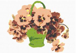 Bunches of colorful pansies overflow a stylish basket.