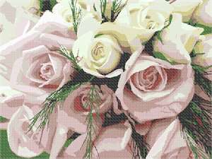 A fresh bridal bouquet to stitch. A splendid gift for a bridal shower or for a mom for Mother's Day in lieu of a real bouquet. Breathtaking roses in pale pink and ivory.