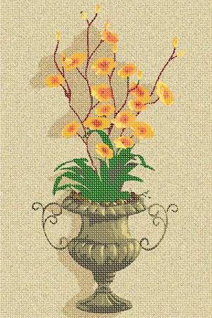 A bronze urn, green foliage and orange flowers.