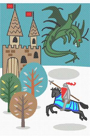 A castle surrounded by winter, and a mounted knight battling an airborne dragon.