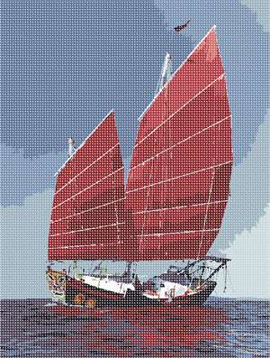 A chinese junk sailing majestically, her reflection upon the choppy waters.