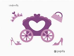 Cinderella's carriage stitched in purple along with shoes, a crown, and a purse.