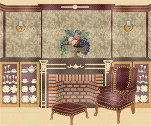 A cozy sitting room, dominated by the fireplace in the center.
