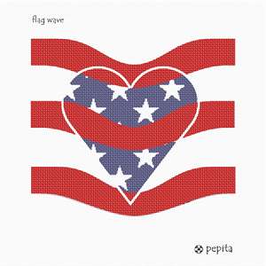 The American flag in needlepoint. "We love the USA," is depicted in the heart shaped star center