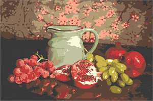 Still life with a pitcher, pomegranate, and grapes. Warm and vintage look.