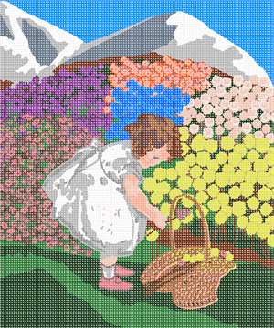 A girl gathers up a bouquet of bright flowers from the vividly colorful mountainside.