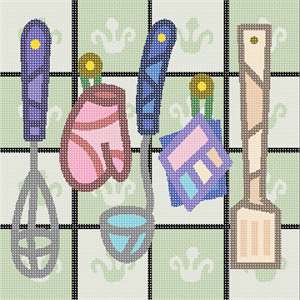 Five tools hanging on a tiled kitchen back splash.