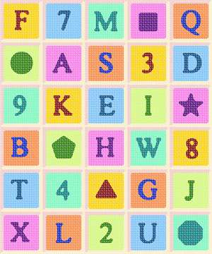 Letters numbers and shaped arranged in bright colors in a rectangular grid.