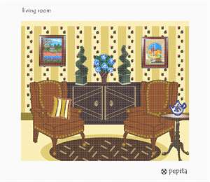 A living room scene, featuring comfortable armchairs, a varnished armoire, and a pair of topiaries.
