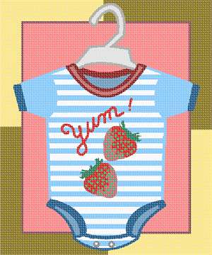 Cute boy's onesie outfit, strawberries on a striped background.