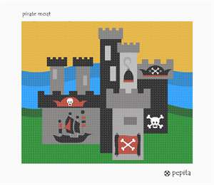 A pirate themed castle on a moat. Stitch this pirate delight for a boy's room decor.
