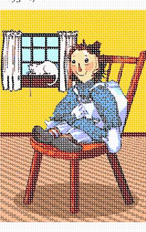 The most famous rag doll, posing for her needlepoint portrait.