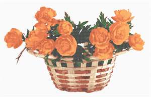 Neat wicker basket of orange roses.