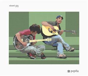 A pair of street performers strumming away.
