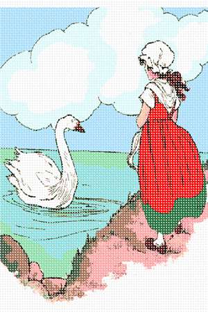 A young maiden observes a swan, swimming placidly in the green waters of an unknown sea.