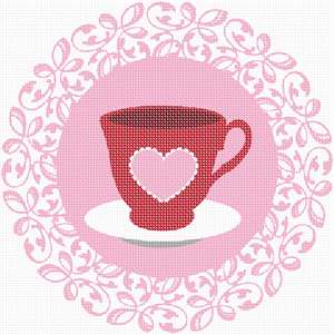 A cup of tea emblazoned with a pink heart against a lacy doily