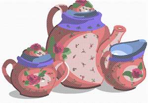 A matching set of florally decorated china: one for tea, one cream, and one sugar, in red and purple.