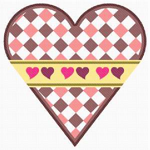 A heart decorated with pink-shaded diamonds, and a yellow ribbon with red heart accents.