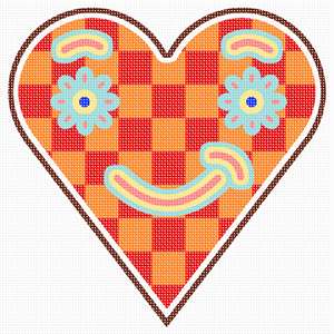 Orange-shaded patchwork heart, with cute smiley shapes.