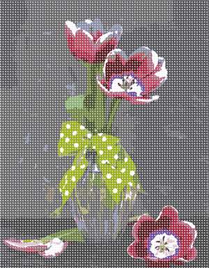Vase and bow with open tulips