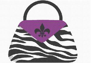 Stitch a zebra pocketbook with a purple flap and fleur de lis. A sophisticated feminine needlepoint.