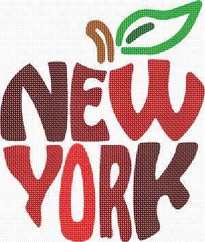 The Big Apple in needlepoint for those I Love New York fans. New York has been nicknamed the "Big Apple," although the name has no reference to the growing of apples. The nickname the "Big Apple" primarily gained relevance in the 1920s through horse racing, as reported in the New York Morning Telegraph by John J. Fitz Gerald.