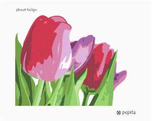 Some fuschia-colored bulbs among greenery.  This is one of our most popular tulip needlepoint canvases. Real live tulips bloom once a year. Tulip needlepoints can be enjoyed throughout the year.