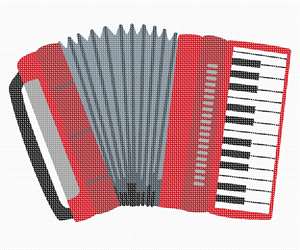 A shiny red accordion in needlepoint