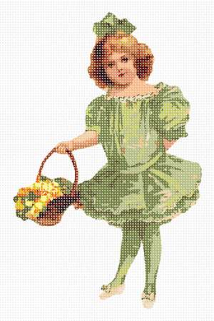 Alexandra in green dress holding an overflowing flower basket