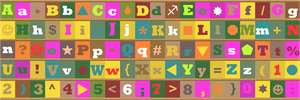 The alphabet, numerals, and an assortment of symbols in wild colors.