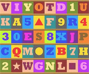 Letters and shapes in colored boxes.