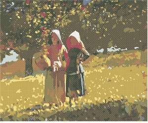 Two girls picking apples in the autumn sun.