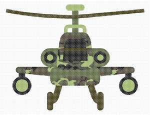 A helicopter toy in needlepoint. Stitch for a boy's room, or gift this simple project to a beginner needleponiter.