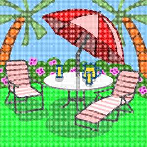 Two beach chairs in the bright sun just waiting for customers.