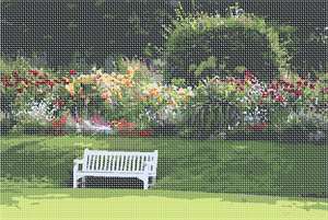 A bench in a garden with assorted colored flowers and foliage behind it. Flowers and floral design are among the most popular needlepoint designs. People have been stitching flowers and floral motifs for hundreds of years.  Flowers are bright and pleasant, and most have underlying meanings to them.
