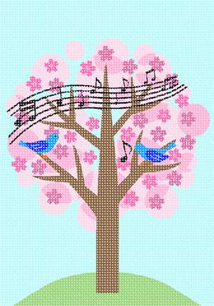 Birds chirping and singing a melody in a blossoming tree
