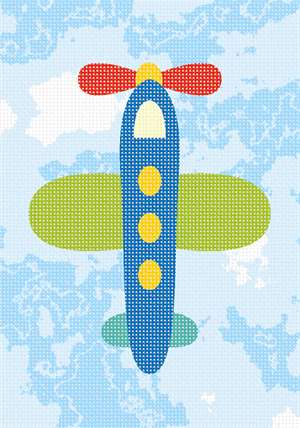 A blue airplane flying in the sky. See coordinating designs that are delightful for a boy's bedroom decor.
