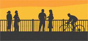 It's dusk at the boardwalk, and people are relaxing and exercising