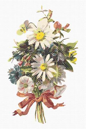 A bundle of flowers neatly tied in ribbon.