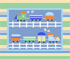 Soft pastel scene of a choochoo train, puffing its way across cartoon train tracks.