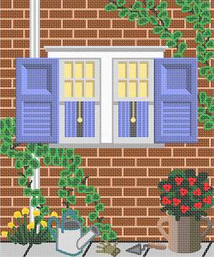 A vine crawls up the back of a brick home, decorating both sides of a double window with open shutters.