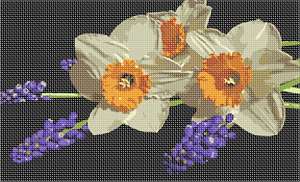 Stunning spring floral design. This is a sharp and vivid picture of daffodils and hyacinth. These are early spring blossoms.  Floral design always goes in the needlepoint world.