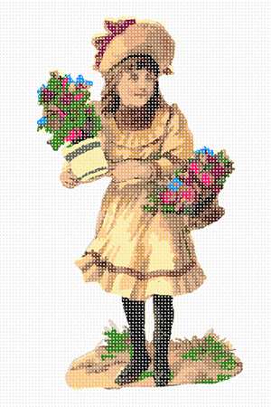 A girl carrying bunches of colorful flowers.