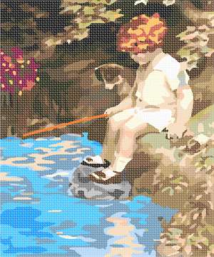 A girl and her puppy try their hand at fishing at the local brook.